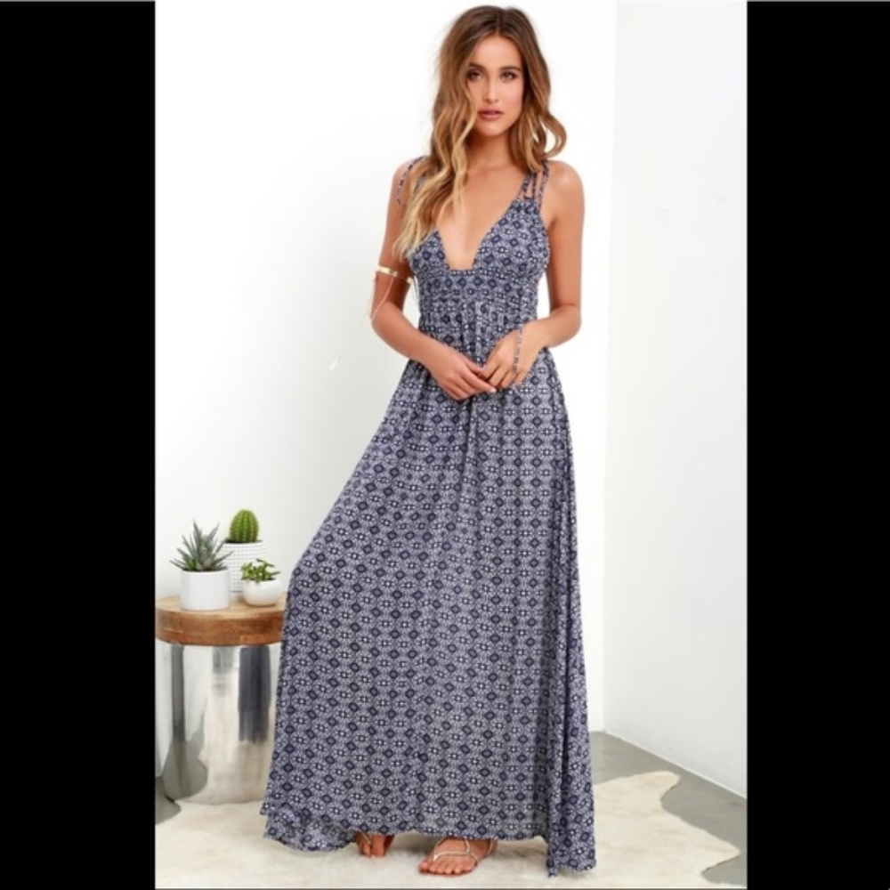 Lulu's Field Day Navy Blue Print Maxi Dress